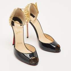 Christian Louboutin Black/Gold Patent Leather Pina Spike Sandals Size 37.5