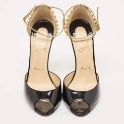 Christian Louboutin Black/Gold Patent Leather Pina Spike Sandals Size 37.5