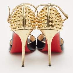 Christian Louboutin Black/Gold Patent Leather Pina Spike Sandals Size 37.5
