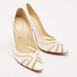Christian Louboutin White Patent Leather and Mesh Olive 100 Pumps Size 40