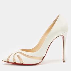 Christian Louboutin White Patent Leather and Mesh Olive 100 Pumps Size 40