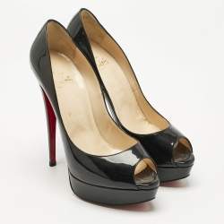 Christian Louboutin Black Patent Leather Lady Peep Platform Pumps Size 40.5