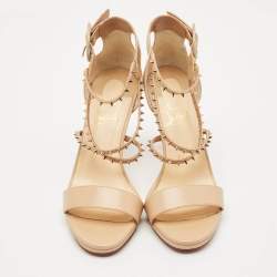 Christian Louboutin Beige Leather Spike Choca Lux Sandals Size 39.5