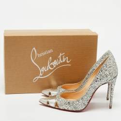 Christian Louboutin Silver Coarse Glitter and Patent Leather Pointed Toe Pumps Size 36.5