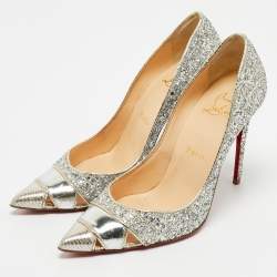 Christian Louboutin Silver Coarse Glitter and Patent Leather Pointed Toe Pumps Size 36.5