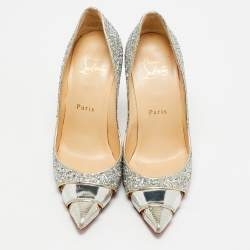 Christian Louboutin Silver Coarse Glitter and Patent Leather Pointed Toe Pumps Size 36.5