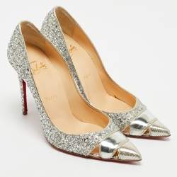 Christian Louboutin Silver Coarse Glitter and Patent Leather Pointed Toe Pumps Size 36.5