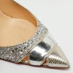 Christian Louboutin Silver Coarse Glitter and Patent Leather Pointed Toe Pumps Size 36.5
