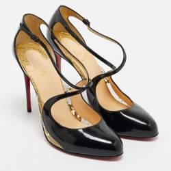 Christian Louboutin Black Patent Leather Crossettinetta Cross Strap Sandals Size 40.5