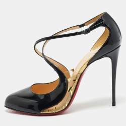 Christian Louboutin Black Patent Leather Crossettinetta Cross Strap Sandals Size 40.5