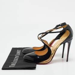Christian Louboutin Black Patent Leather Crossettinetta Cross Strap Sandals Size 40.5