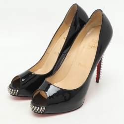 Pre Owned Christian Louboutin Black Patent Leather Very Prive Peep Toe Pumps Size 38