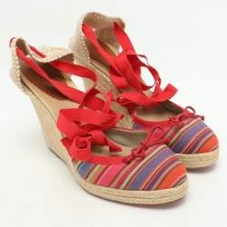 Pre Owned Christian Louboutin Multicolor Striped Canvas Caron Plato Wedge Espadrille Sandals Size 41