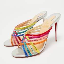Pre Owned Christian Louboutin Multicolor Satin Marthastrass Slide Sandals Size 38