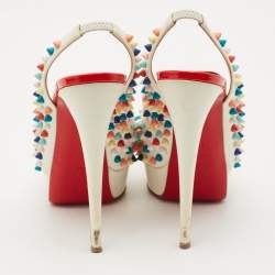 Pre Owned Christian Louboutin White Leather Lady Peep Multicolor Spikes Slingback Sandals Size 38.5