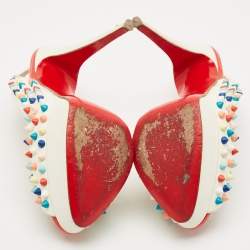 Pre Owned Christian Louboutin White Leather Lady Peep Multicolor Spikes Slingback Sandals Size 38.5