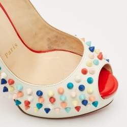 Pre Owned Christian Louboutin White Leather Lady Peep Multicolor Spikes Slingback Sandals Size 38.5