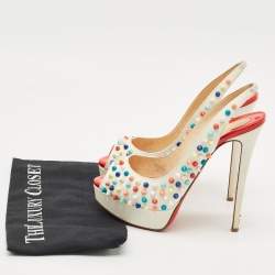 Pre Owned Christian Louboutin White Leather Lady Peep Multicolor Spikes Slingback Sandals Size 38.5