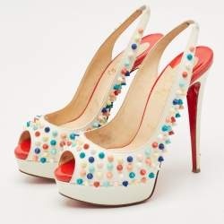 Pre Owned Christian Louboutin White Leather Lady Peep Multicolor Spikes Slingback Sandals Size 38.5