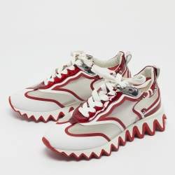 Pre Owned Christian Louboutin White/Red Mesh and Patent Leather Sharkina Sneakers Size 38