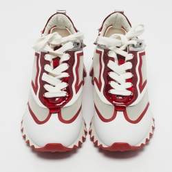 Pre Owned Christian Louboutin White/Red Mesh and Patent Leather Sharkina Sneakers Size 38