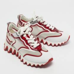 Pre Owned Christian Louboutin White/Red Mesh and Patent Leather Sharkina Sneakers Size 38