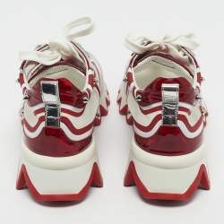 Pre Owned Christian Louboutin White/Red Mesh and Patent Leather Sharkina Sneakers Size 38