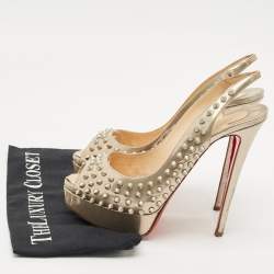 Pre Owned Christian Louboutin Gold  Leather Clou Noeud Platform Slingback Sandals Size 39.5