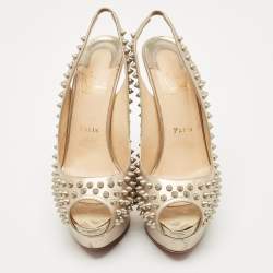 Pre Owned Christian Louboutin Gold  Leather Clou Noeud Platform Slingback Sandals Size 39.5