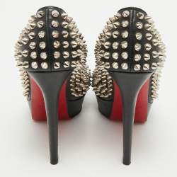 Pre Owned Christian Louboutin Black Leather Bianca Spike Platform Pumps Size 35