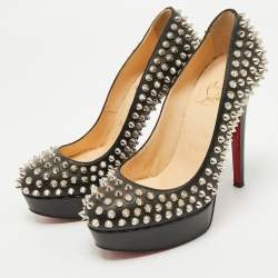 Pre Owned Christian Louboutin Black Leather Bianca Spike Platform Pumps Size 35