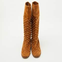 Pre Owned Christian Louboutin Brown Suede Spikes Mid Calf Riding Boots Size 38.5