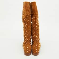 Pre Owned Christian Louboutin Brown Suede Spikes Mid Calf Riding Boots Size 38.5