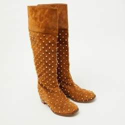 Pre Owned Christian Louboutin Brown Suede Spikes Mid Calf Riding Boots Size 38.5