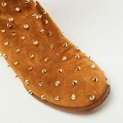 Pre Owned Christian Louboutin Brown Suede Spikes Mid Calf Riding Boots Size 38.5