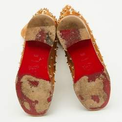 Pre Owned Christian Louboutin Brown Suede Spikes Mid Calf Riding Boots Size 38.5