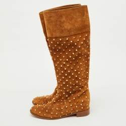 Pre Owned Christian Louboutin Brown Suede Spikes Mid Calf Riding Boots Size 38.5