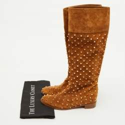 Pre Owned Christian Louboutin Brown Suede Spikes Mid Calf Riding Boots Size 38.5