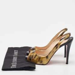 Pre Owned Christian Louboutin Black/Gold Printed Patent Leather No Prive Peep Toe Slingback Sandals Size 39