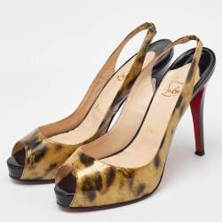 Pre Owned Christian Louboutin Black/Gold Printed Patent Leather No Prive Peep Toe Slingback Sandals Size 39