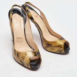 Pre Owned Christian Louboutin Black/Gold Printed Patent Leather No Prive Peep Toe Slingback Sandals Size 39
