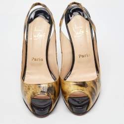 Pre Owned Christian Louboutin Black/Gold Printed Patent Leather No Prive Peep Toe Slingback Sandals Size 39