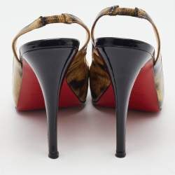 Pre Owned Christian Louboutin Black/Gold Printed Patent Leather No Prive Peep Toe Slingback Sandals Size 39