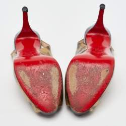 Pre Owned Christian Louboutin Black/Gold Printed Patent Leather No Prive Peep Toe Slingback Sandals Size 39