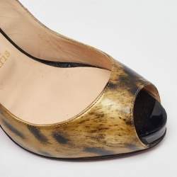 Pre Owned Christian Louboutin Black/Gold Printed Patent Leather No Prive Peep Toe Slingback Sandals Size 39