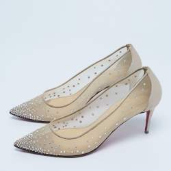 Pre Owned Christian Louboutin Beige Crystal Embellished Mesh and Leather Follies Strass Pumps Size 38.5