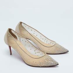 Pre Owned Christian Louboutin Beige Crystal Embellished Mesh and Leather Follies Strass Pumps Size 38.5