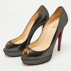 Pre Owned Christian Louboutin Black/Gold Laminated Suede Platform Lady Peep Toe Pumps Size 39