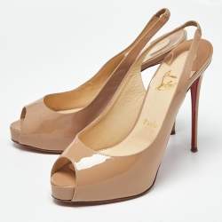 Pre Owned Christian Louboutin Beige Patent Leather Private Number Slingback Pumps Size 39