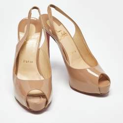 Pre Owned Christian Louboutin Beige Patent Leather Private Number Slingback Pumps Size 39